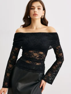 Best Bell Sleeve Off-Shoulder Lace Top Blouses & Shirts