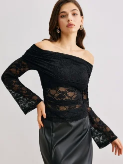 Best Bell Sleeve Off-Shoulder Lace Top Blouses & Shirts