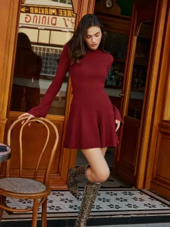 Online Bell Sleeve Pleated Sweater Short Dress Sweater Dresses|Work Dresses
