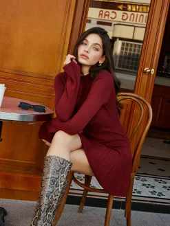 Online Bell Sleeve Pleated Sweater Short Dress Sweater Dresses|Work Dresses