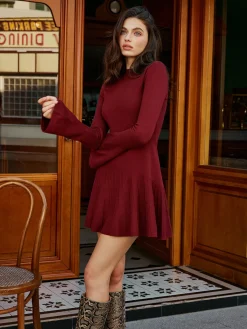 Online Bell Sleeve Pleated Sweater Short Dress Sweater Dresses|Work Dresses