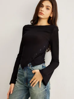 Discount Bell Sleeve Side Button Jersey Top T-shirts|Tops
