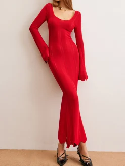 New Bell Sleeve Slim Sweater Long Dress Sweater Dresses|Cocktail & Party Dresses
