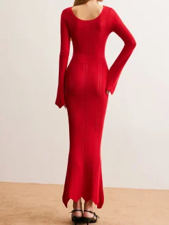 New Bell Sleeve Slim Sweater Long Dress Sweater Dresses|Cocktail & Party Dresses