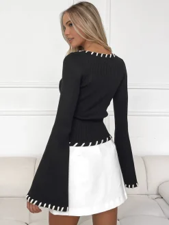 New Bell-Sleeve Contrast Trim Knit Top Sweater Tops|Sweaters & Cardigans