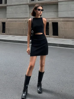 Beloved Cutout Waist Short Dress Black Dresses|Casual Dresses