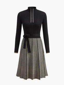 Online Belted Plaid Panel Sweater Dress Black Dresses|Sweater Dresses