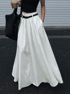Clearance Belted Pleated Long Skirt Skirts|Bottoms