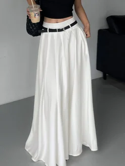 Clearance Belted Pleated Long Skirt Skirts|Bottoms