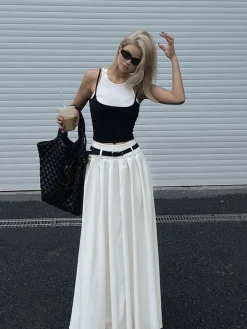 Clearance Belted Pleated Long Skirt Skirts|Bottoms