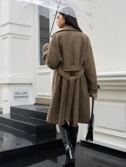 Outlet Belted Pockets Long Wool Coat Outerwear|Coats