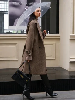 Outlet Belted Pockets Long Wool Coat Outerwear|Coats