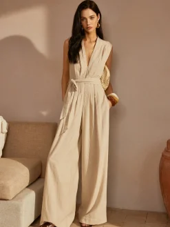 Discount Belted Ruched V-Neck Jumpsuit White Dresses|Jumpsuits & Rompers
