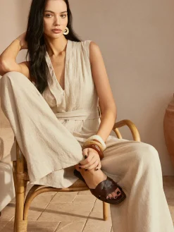 Discount Belted Ruched V-Neck Jumpsuit White Dresses|Jumpsuits & Rompers
