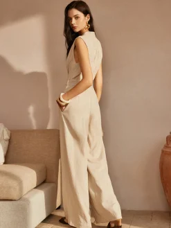 Discount Belted Ruched V-Neck Jumpsuit White Dresses|Jumpsuits & Rompers
