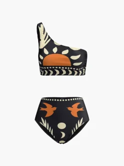Hot Bird Print Asymmetrical Neck Bikini Set Swimwear|Tops