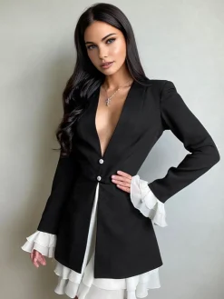 Sale Blazer V-Neck Buttoned Short Dress Black Dresses|Casual Dresses