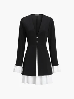 Sale Blazer V-Neck Buttoned Short Dress Black Dresses|Casual Dresses