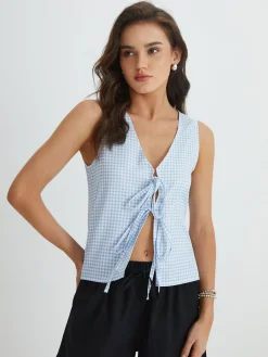 Outlet Blue Gingham Tie Front Top Tank Tops & Camis|Tops