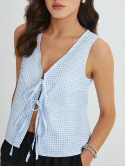 Outlet Blue Gingham Tie Front Top Tank Tops & Camis|Tops