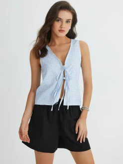 Outlet Blue Gingham Tie Front Top Tank Tops & Camis|Tops