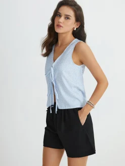 Outlet Blue Gingham Tie Front Top Tank Tops & Camis|Tops