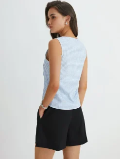 Outlet Blue Gingham Tie Front Top Tank Tops & Camis|Tops