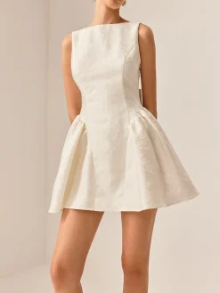 Online Boat Neck Backless Panel Dress White Dresses|Casual Dresses
