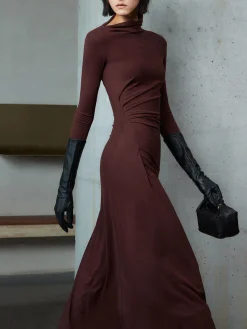 Online Bodycon Asymmetrical Neck Long Sleeve Ruched Maxi Dress Black Dresses|Casual Dresses