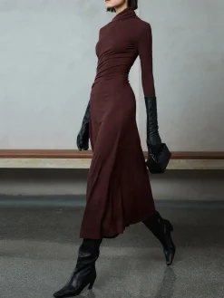 Online Bodycon Asymmetrical Neck Long Sleeve Ruched Maxi Dress Black Dresses|Casual Dresses