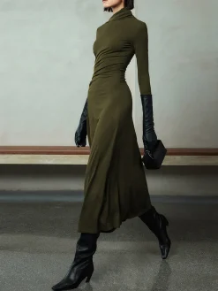 Online Bodycon Asymmetrical Neck Long Sleeve Ruched Maxi Dress Black Dresses|Casual Dresses