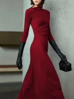 Online Bodycon Asymmetrical Neck Long Sleeve Ruched Maxi Dress Black Dresses|Casual Dresses