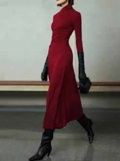 Online Bodycon Asymmetrical Neck Long Sleeve Ruched Maxi Dress Black Dresses|Casual Dresses