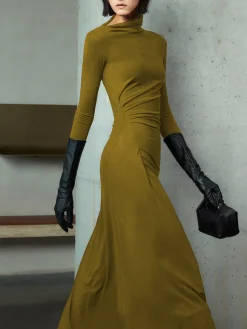 Online Bodycon Asymmetrical Neck Long Sleeve Ruched Maxi Dress Black Dresses|Casual Dresses