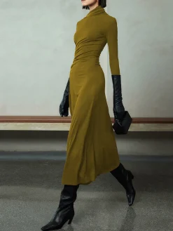 Online Bodycon Asymmetrical Neck Long Sleeve Ruched Maxi Dress Black Dresses|Casual Dresses