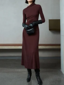 Online Bodycon Asymmetrical Neck Long Sleeve Ruched Maxi Dress Black Dresses|Casual Dresses