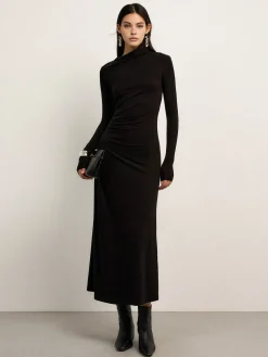 Online Bodycon Asymmetrical Neck Long Sleeve Ruched Maxi Dress Black Dresses|Casual Dresses