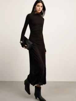 Online Bodycon Asymmetrical Neck Long Sleeve Ruched Maxi Dress Black Dresses|Casual Dresses