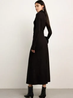 Online Bodycon Asymmetrical Neck Long Sleeve Ruched Maxi Dress Black Dresses|Casual Dresses