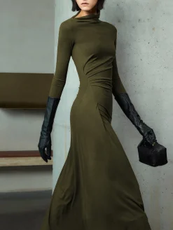 Online Bodycon Asymmetrical Neck Long Sleeve Ruched Maxi Dress Black Dresses|Casual Dresses