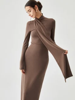 Sale Bodycon High Neck Ribbed Knit Long Dress with Matching Scarf Casual Dresses|Work Dresses