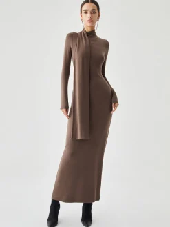 Sale Bodycon High Neck Ribbed Knit Long Dress with Matching Scarf Casual Dresses|Work Dresses