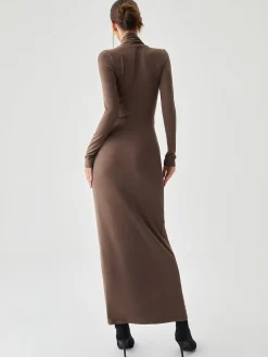Sale Bodycon High Neck Ribbed Knit Long Dress with Matching Scarf Casual Dresses|Work Dresses