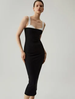 Best Bodycon Patchwork Sweetheart Collar Cami Midi Dress Black Dresses|Vacation Dresses