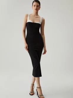 Best Bodycon Patchwork Sweetheart Collar Cami Midi Dress Black Dresses|Vacation Dresses