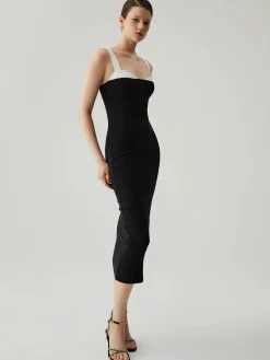 Best Bodycon Patchwork Sweetheart Collar Cami Midi Dress Black Dresses|Vacation Dresses