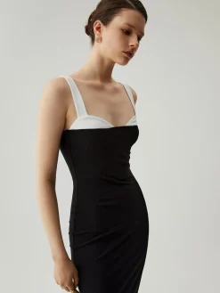 Best Bodycon Patchwork Sweetheart Collar Cami Midi Dress Black Dresses|Vacation Dresses