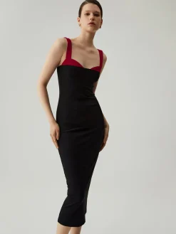 Best Bodycon Patchwork Sweetheart Collar Cami Midi Dress Black Dresses|Vacation Dresses