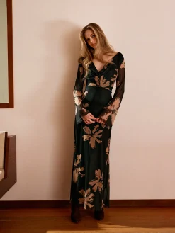 Hot Boheme Printed Cowl Neck Floral Dress Black Dresses|Casual Dresses