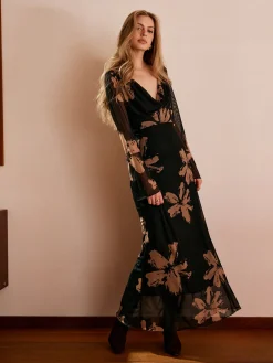 Hot Boheme Printed Cowl Neck Floral Dress Black Dresses|Casual Dresses